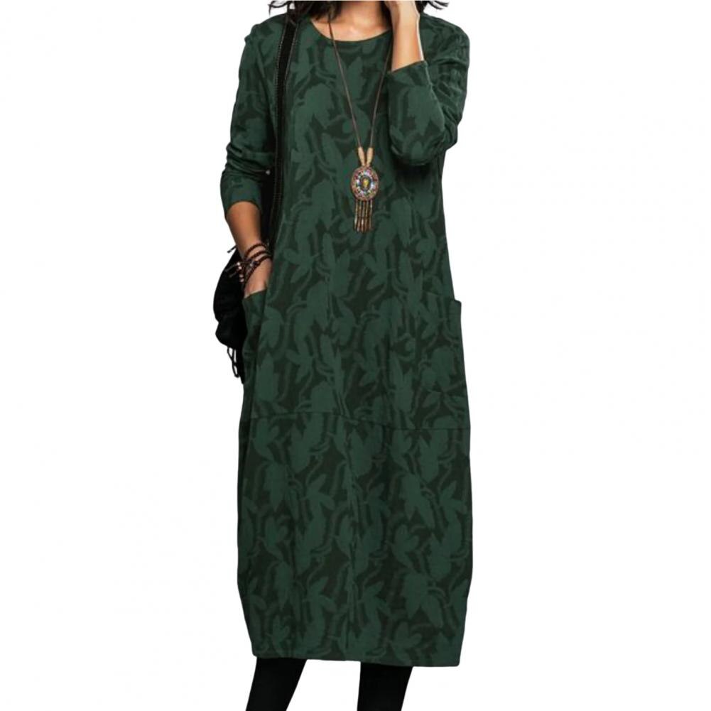 Women Midi Dress for Women Vintage Print Long Sleeves Crew Neck Dress Spring Autumn Loose Double Pockets Dress Streetwear