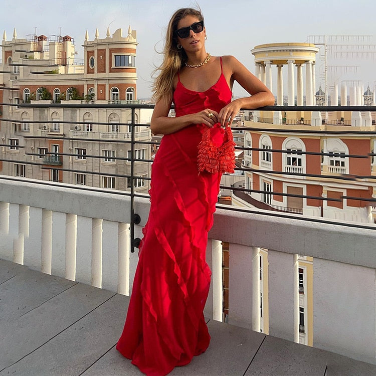 Women Elegant Deep V Neck Maxi Dress Sexy Ruffles Backless Party Club Dresses Fashion Ladies Beach Split Sundress Vestidos