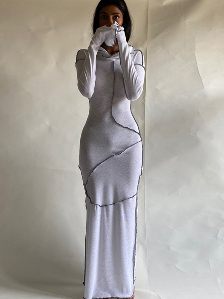 vmtvr - Long Sleeve Hooded Dress Maxi Women Vintage Ruffles Elegant Dresses Khaki Split Reverse Side