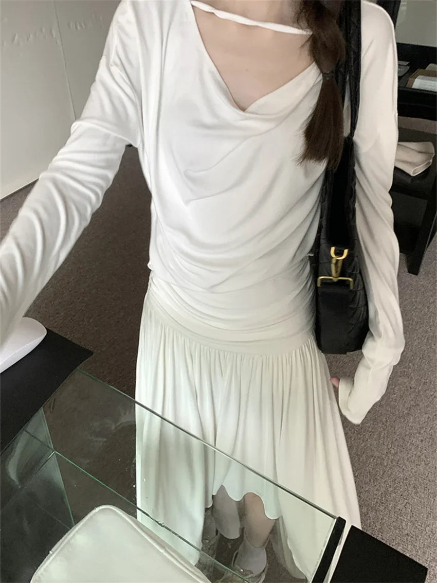 vmtvr Knitted T-Shirts Autumn Suits Women Chic Irregular Maxi Skirts New Office Lady Slim Sunscreen Daily Sets