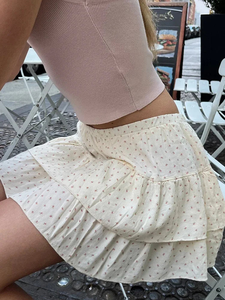 vmtvr Sweet Women Floral Ruffles Mini Skirt 2024 Summer Ladies Cute Elastic High Waist A-line Skirts Female Vintage Chiffon Skirt
