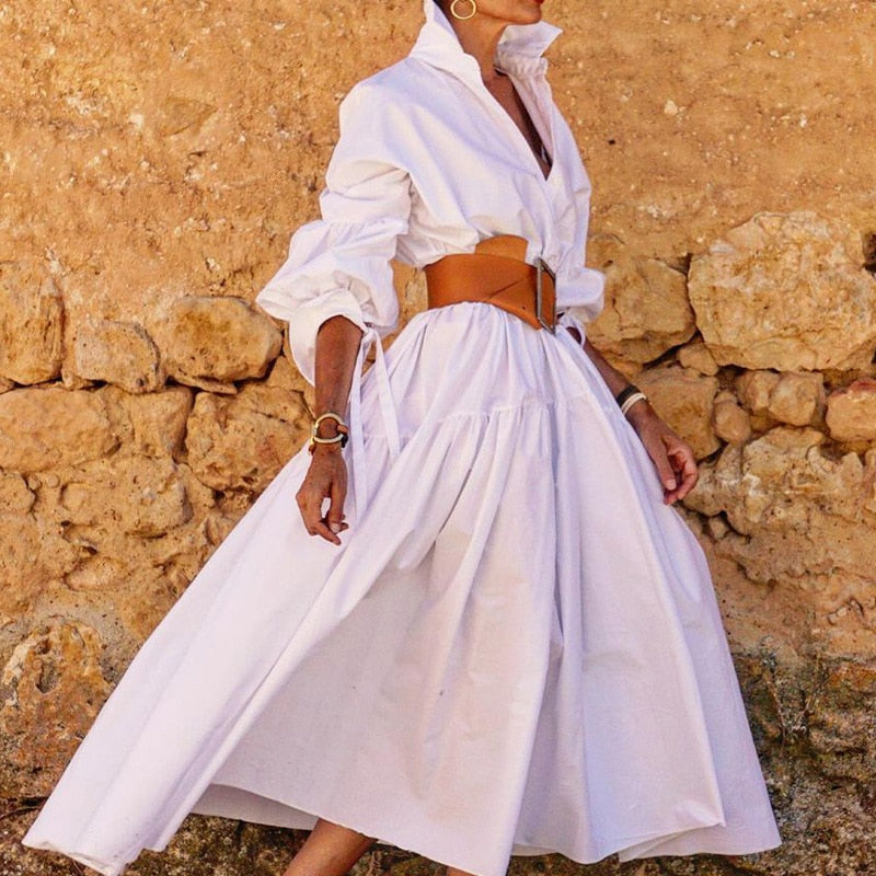vmtvr - Chic Solid Color Lapel Shirt Dress Women Spring Button-up Long Pullover Dress New Autumn Long Sleeve Hem Pleated Maxi Dress