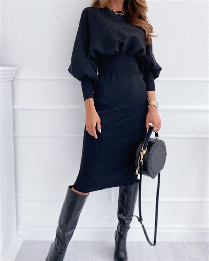 vmtvr - Spring High Waist Women's Dress Black Lantern Sleeve O-neck Elegant Female Midi Dresses Sexy Party Bandage Ladies Clothing