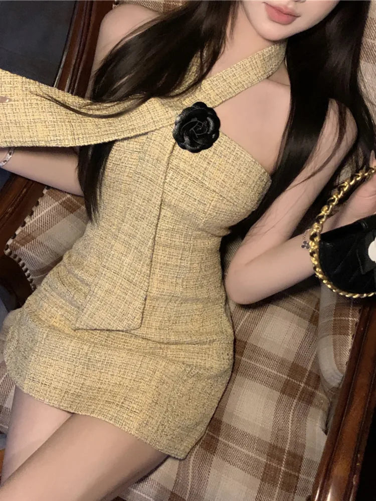 vmtvr - High Quality Designer Hanging Neck Hotsweet Sexy Dresses For Women Summer Sweet Fashion 3D Flower Tweed Mini Party Dress