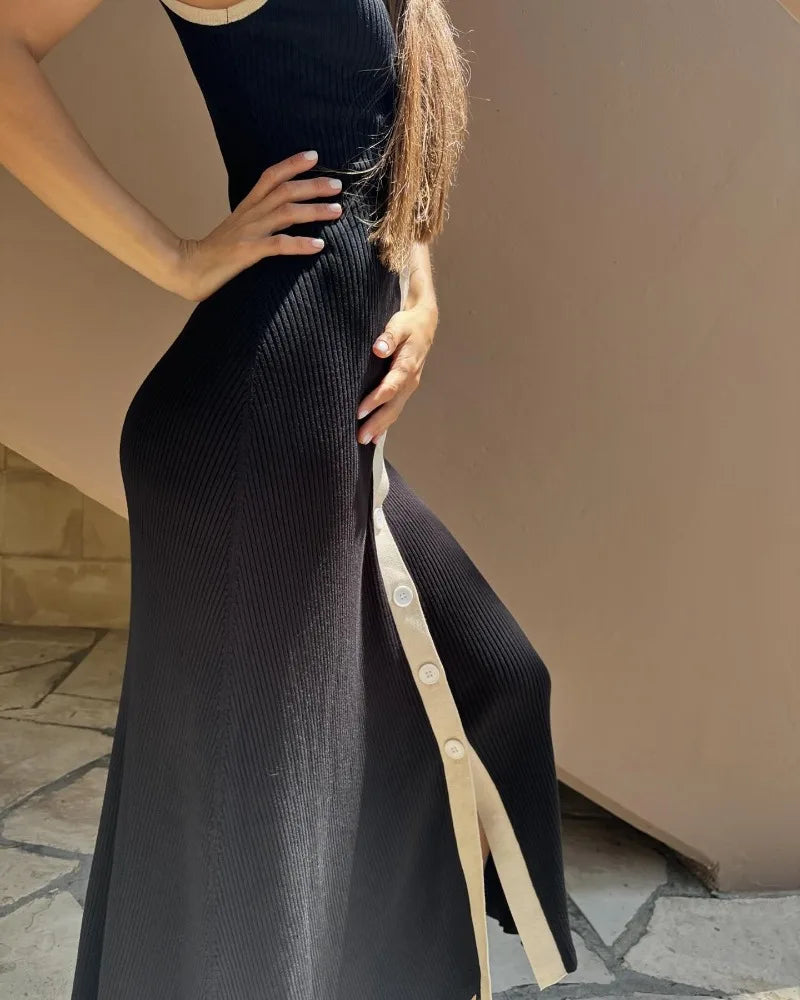 vmtvr Elegant V-neck Knitted Maxi Dress for Women Sexy Sleeveless Single Breasted Slim Party Dresses Summer Lady Casual Dress 2024