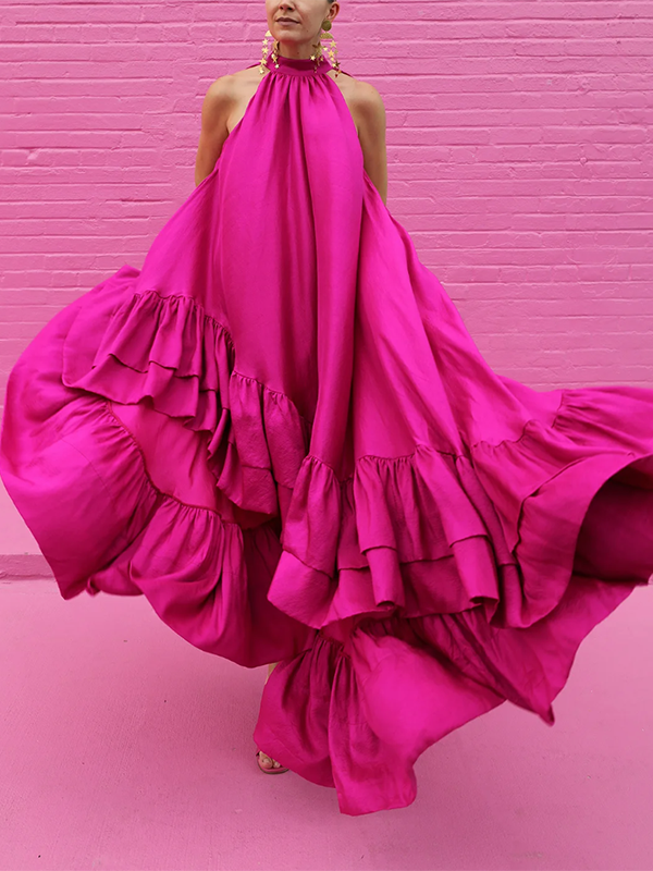 Lemongor Female Fashion Solid Color Stand Collar Falbala Mermaid Dress Summer Sleeveless Vacation Maxi Dresses For Women