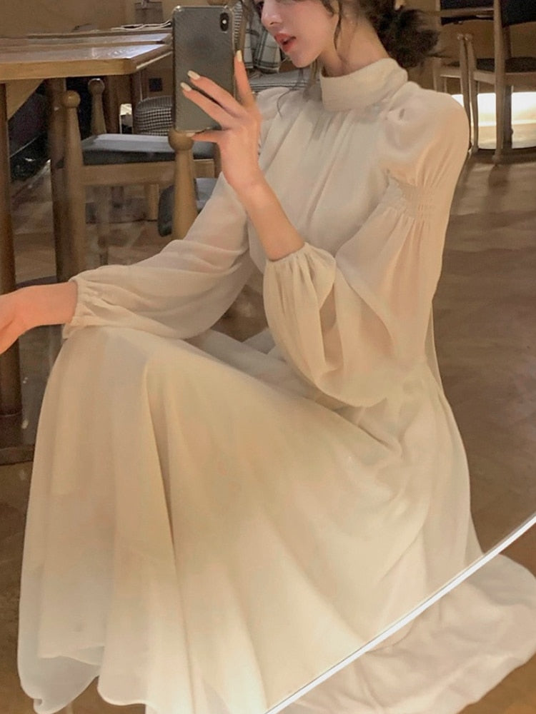 vmtvr - Spring Turtleneck White Midi Dress Women Long Sleeve French Elegant One Piece Dress Korean Fashion Y2k Clothing Design