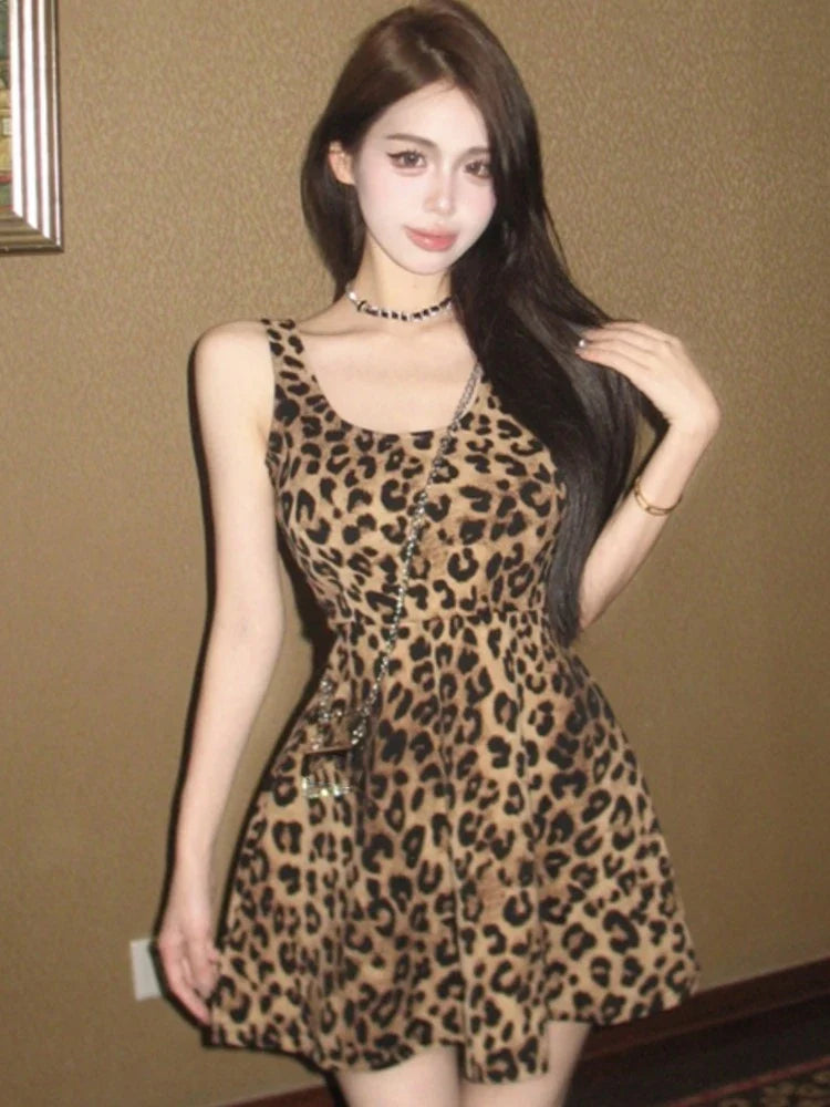 vmtvr Sexy Leopard Short Dresses for Women Summer Square Collar Sleeveless A-line Club Party Dress Elegant Prom Vestidos Mujer New