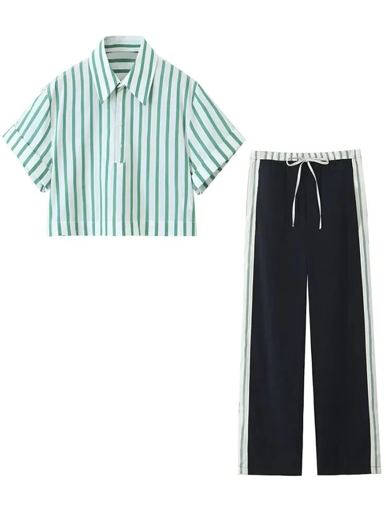 vmtvr New Summer Casual Striped Shirt Suit Women Short Sleeve Lapel Pullover Top +Elastic Waist Lace Up Pants 2024 Spring New