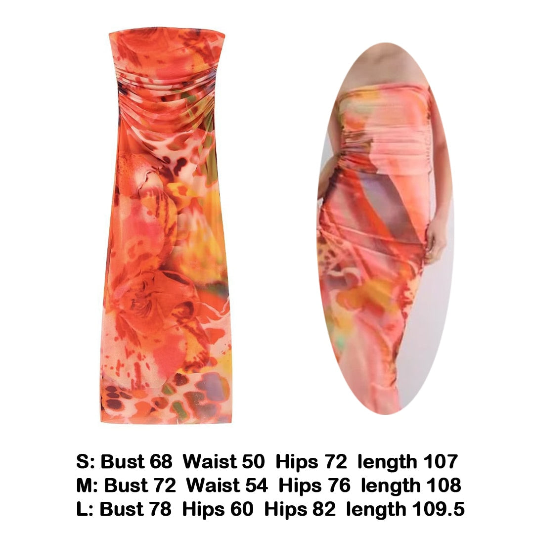 vmtvr Sexy Strapless Women Summer Dress Y2K Fashion Printed Slim Maxi Beach Dress Elegant Mesh Sleeveless Vacation Party Outfis