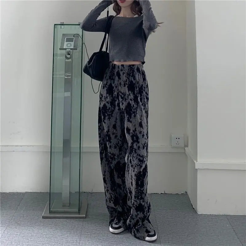 vmtvr Korean Fashion Women Tie Dye Pleated Wide Leg Pants Spring Summer Elastic High Waist Versatile Loose Straight Casual Trousers