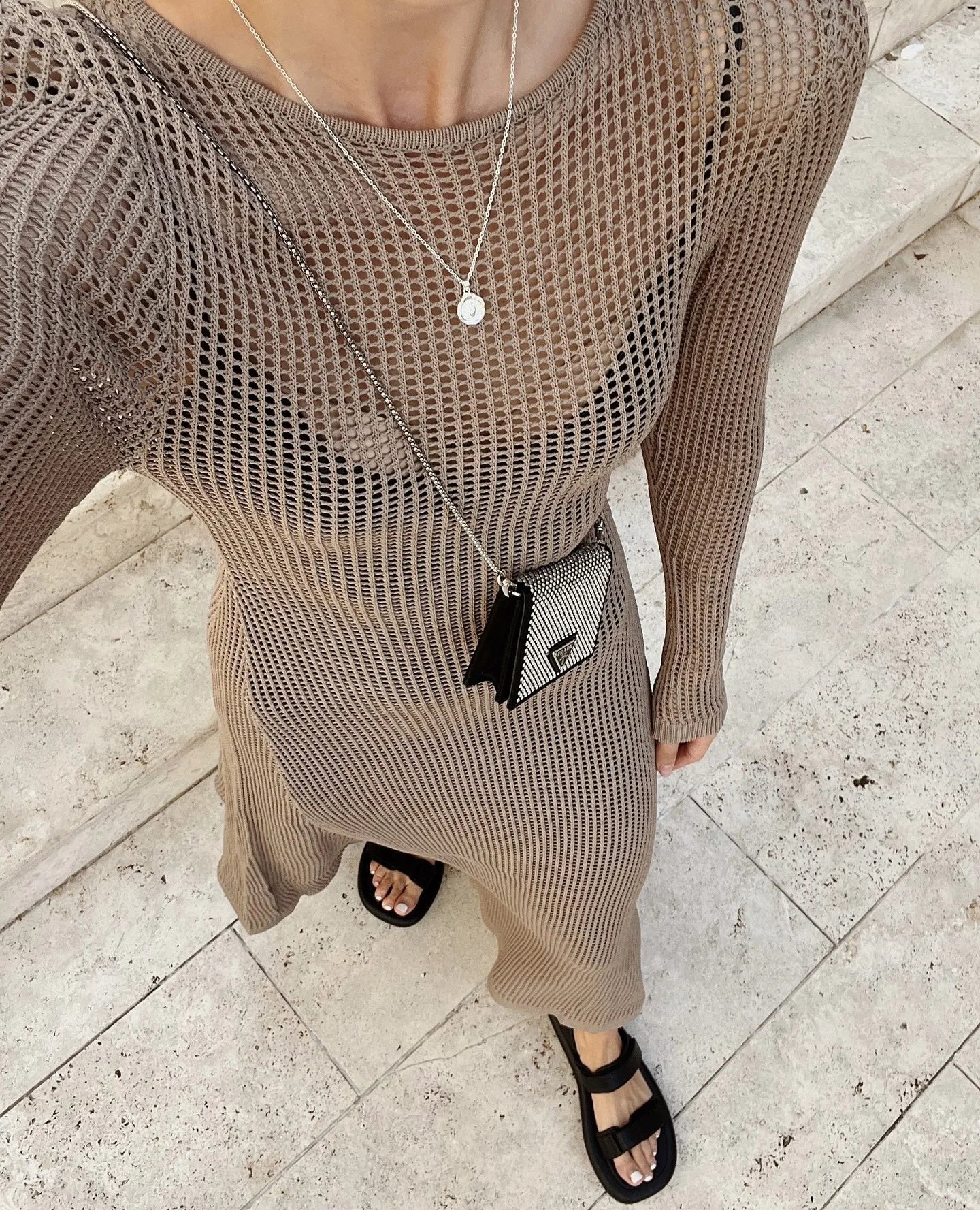 vmtvr Elegant Hollow Out Knit Maxi Dress for Women Summer Beachwear Holiday Long Sleeve Cover-Ups Long Dresses