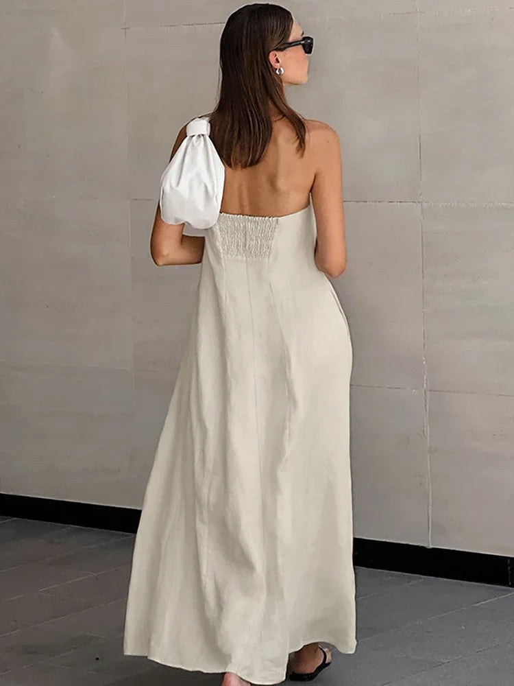 vmtvr 2024 Spring Summer Women Linen Dress Sexy Solid Strapless A-Line Midi Flare Holiday Vacation Dress For Women