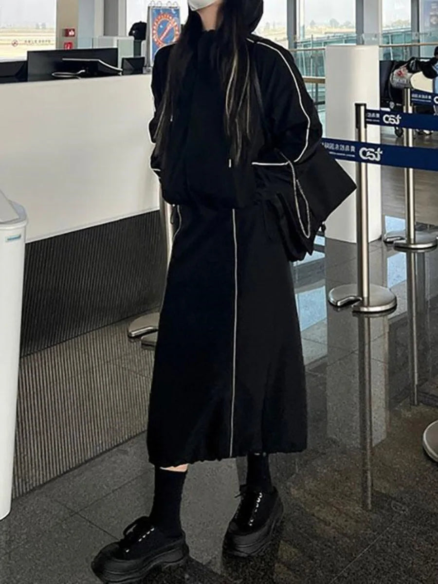 vmtvr Vintage Black Hooded Jacket and Skirt Tracksuit Women Y2k Long Sleeve Sport Corpcore Coat Top Loose Spring Summer Clothes Set