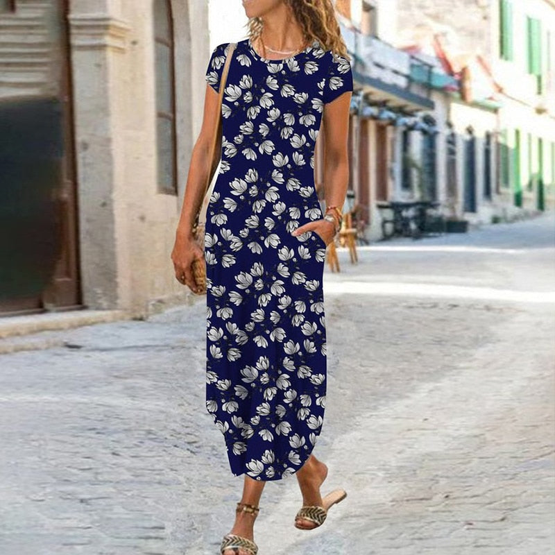 vmtvr - Elegant Women Maxi Dress Summer O Neck Short Sleeve Sundress Office Lady Party Dress Female Print A-Line Long Dress Vestido