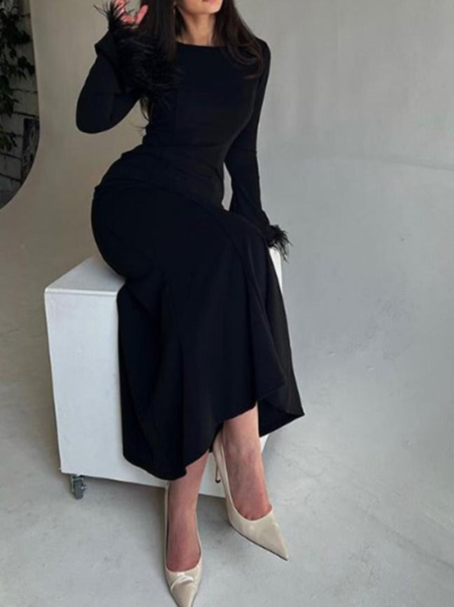 Women's Feather Cuffs Maxi Dresses Advanced Black Retract Waist Bodycon Dress Spring Temperament Ladies O Neck Clothes