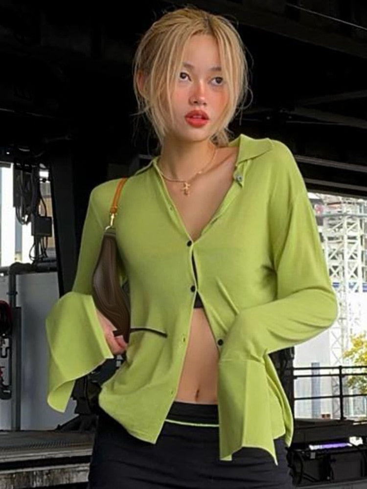 -Fall Outfits Long Sleeve Top Knitted Blouses Green Black White Spring Womens Fashion Y2k Shirts Button Up Cardigan Long Sleeve Tops