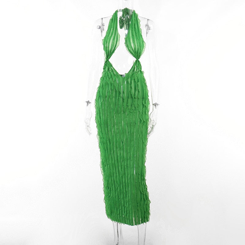 Sexy Halter Low Cut Backless Maxi Dress Women Sleeveless Pleated Slim Fit Robe Summer Beach Birthday Luxury Y2K Clothes