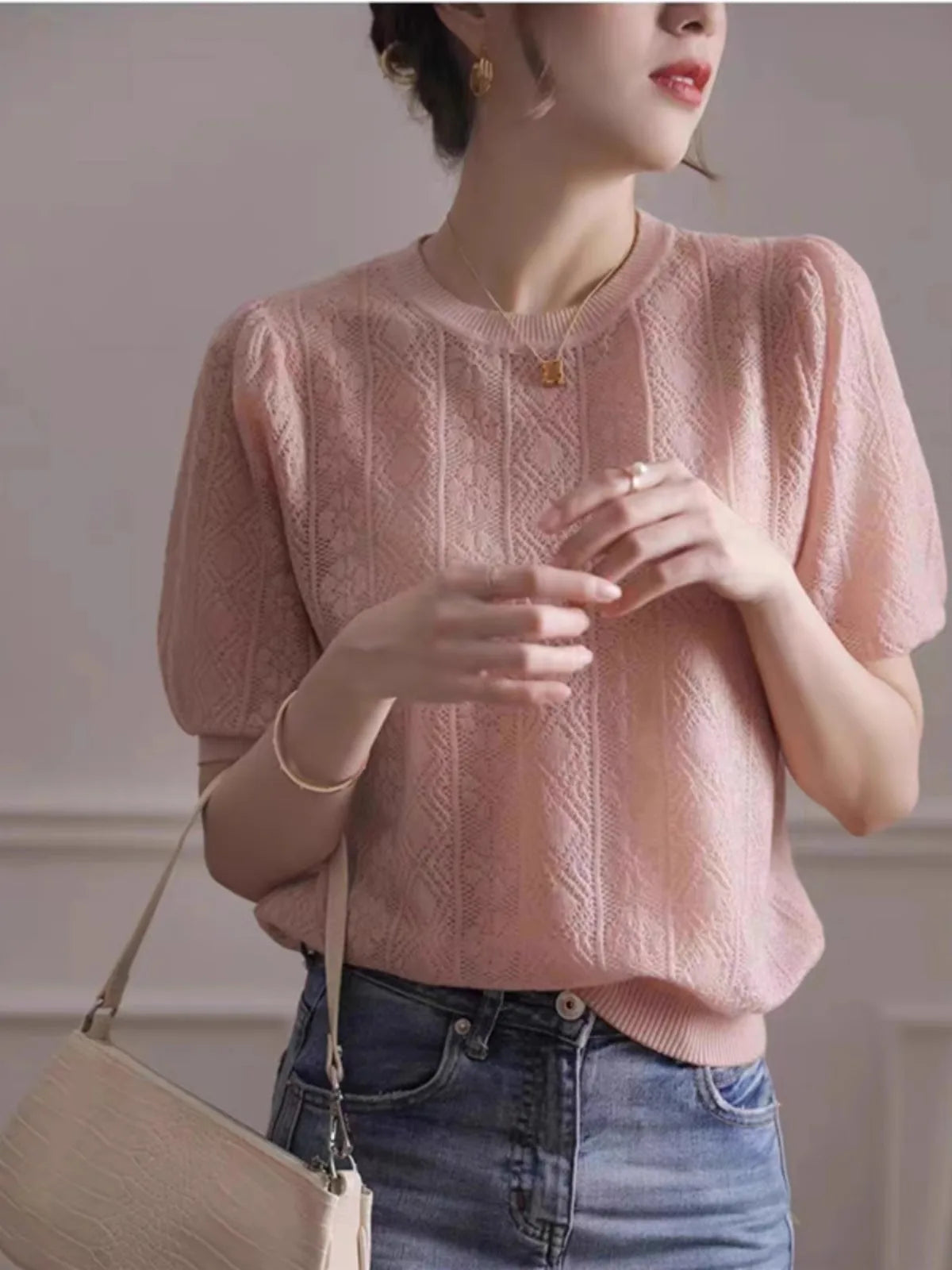 vmtvr European goods new hollow thin short-sleeved knitwear women's summer loose temperament round neck half-sleeved T-shirt