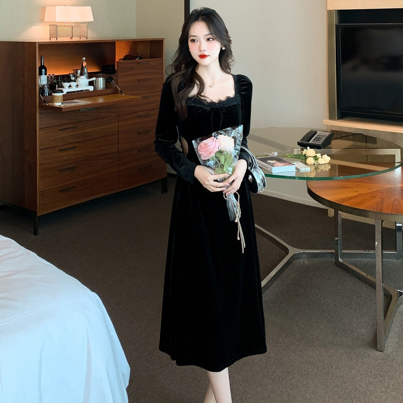 vmtvr - New Spring and Fall Vintage Black Long Sleeve Dress Woman Elegant Fashion Velvet Midi Dress Korean Style Even Party Dresses