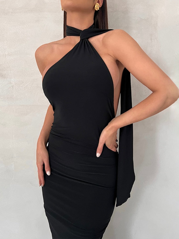 vmtvr - Elegant Backless Party Dress for Women Summer Sexy Halter Neck Bodycon Maxi Dress 2023 Evening Club Long Dress Black Vestido