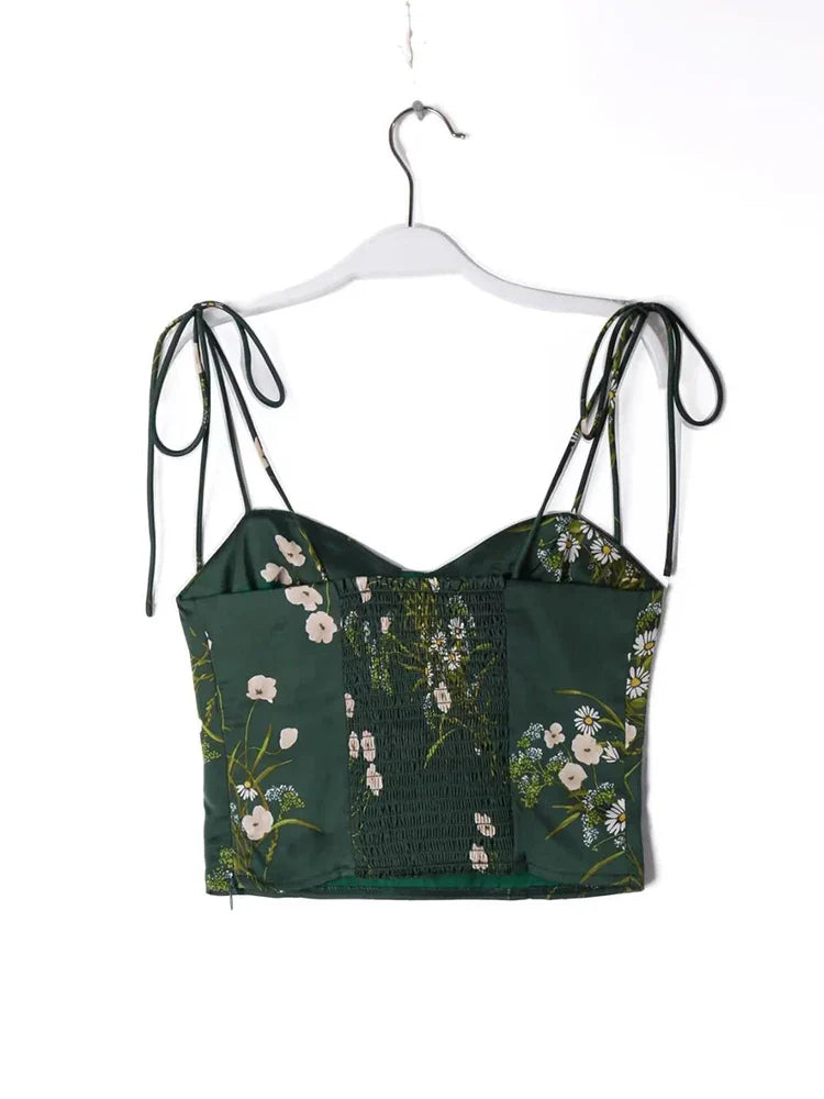vmtvr Summer Strappy Spaghetti Strap Green Cami Tops Women Floral Print Backless Crop Top