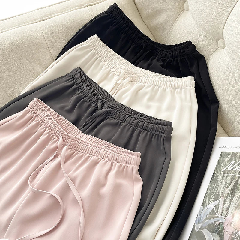 vmtvr Women High Waist Suit Pants Summer Casual Female Ice Silk Loose Wide Leg Pants Korean Fashion Office Ladies All Match Trousers