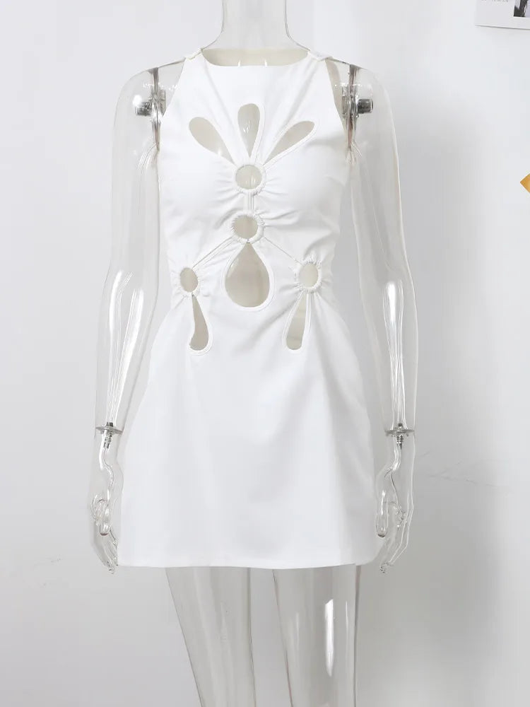 vmtvr - Hollow Out Mini Dress Women Sexy Sleeveless Slim Hip Package Lady Dresses Fashion Solid O Neck Short Female Party Vestidos