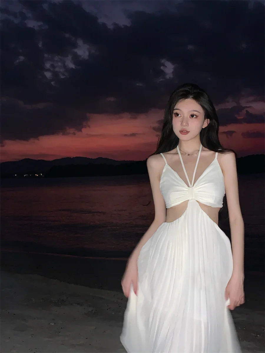 vmtvr Summer New Fashion Women Sexy Pleated Boho Long Dress Vacation Beach Strap A line Ladies Robe Sundress