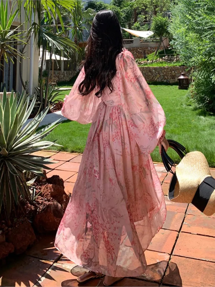 vmtvr Spring And Summer Floral Print Long Dress For Women Lantern Sleeve Beach Holiday Dresses V-Neck Long-Sleeved Robe Clothes
