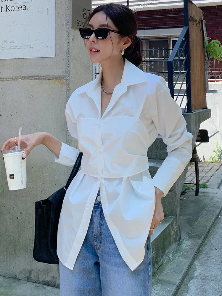 vmtvr Women Lapel White Bow Blouses Office Ladies Long Sleeve Single-breasted Loose Female Shirts Spring Summer 2024