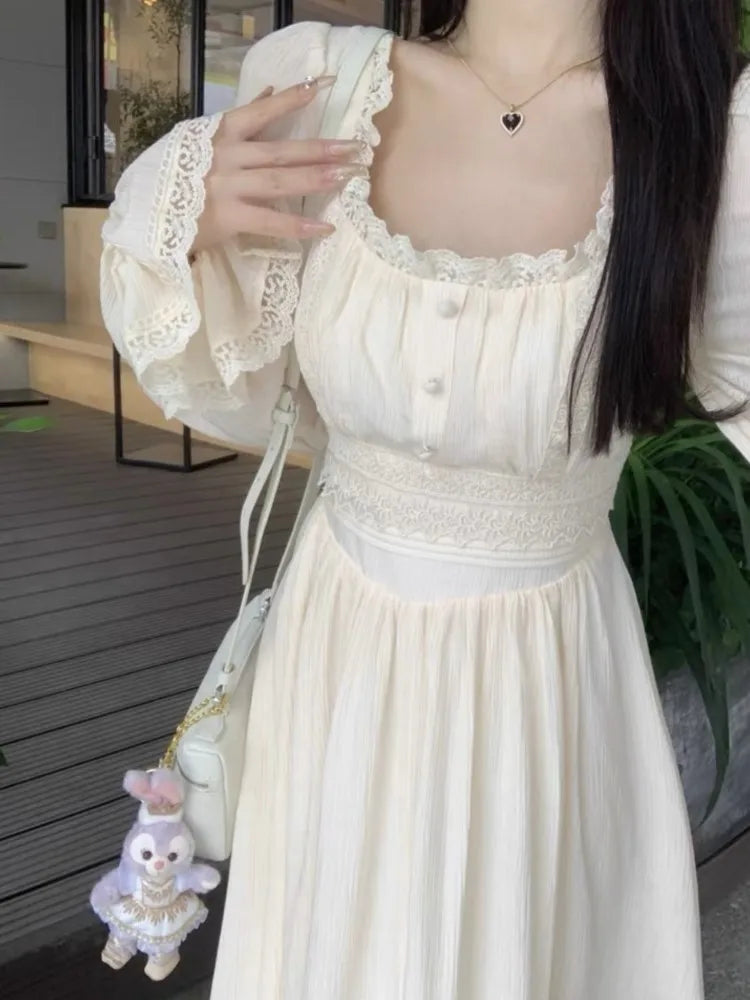 vmtvr Women French Princess Midi Dresses Summer Korean Lace Spliced Long Sleeve Vestidos New Fashion Evening Solid Clothes