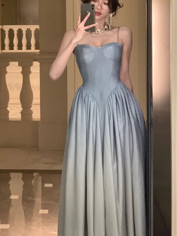 vmtvr French Vintage Spaghetti Strap Elegant Dresses for Women Summer New Gradient A-line Evening Party Dress Prom Robe Vestidos Mujer