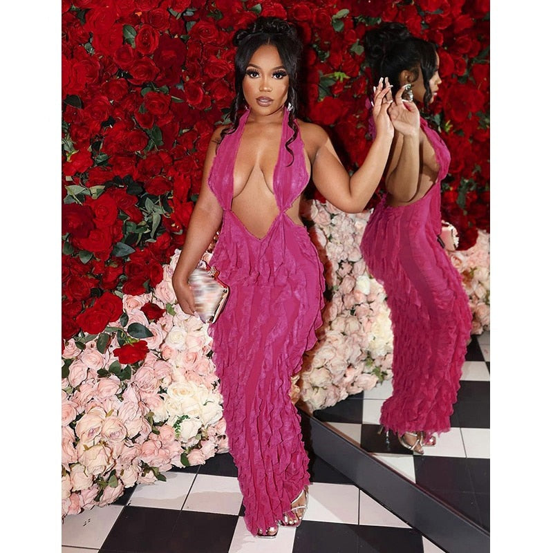 Sexy Halter Low Cut Backless Maxi Dress Women Sleeveless Pleated Slim Fit Robe Summer Beach Birthday Luxury Y2K Clothes