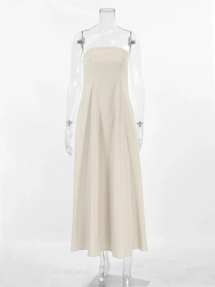 vmtvr 2024 Spring Summer Women Linen Dress Sexy Solid Strapless A-Line Midi Flare Holiday Vacation Dress For Women