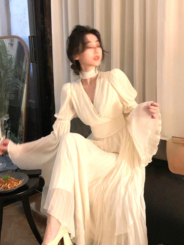 vmtvr - Fairy Pure Color Midi Dress Woman French Elegant Evening Party Dress Long Sleeve Spring One Piece Dress Korea Fashion Chic