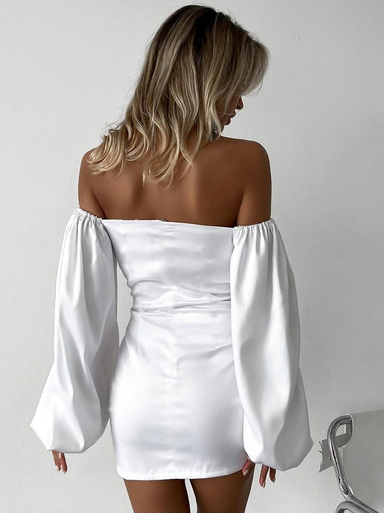 Off Shoulder Satin Evening Dresses For Women Elegant Cocktail Party Dress Black Long Sleeve Ruched Bodycon Dress Mini