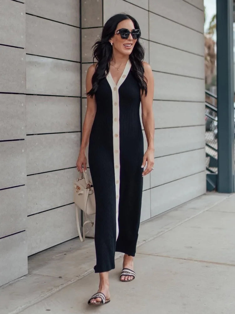 vmtvr Elegant V-neck Knitted Maxi Dress for Women Sexy Sleeveless Single Breasted Slim Party Dresses Summer Lady Casual Dress 2024