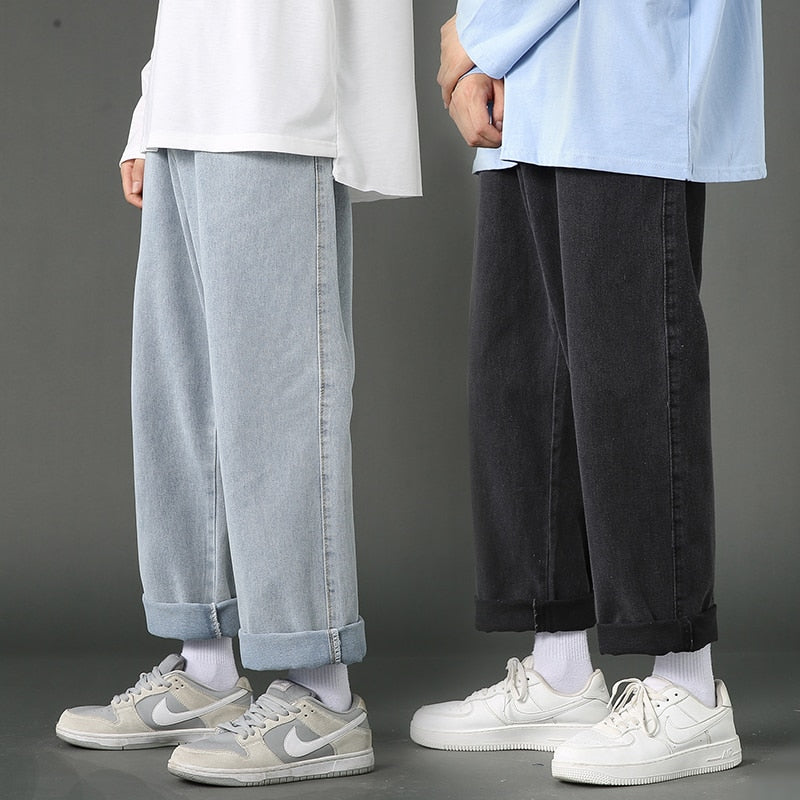 jiaabc New Street Casual Baggy Jeans Men's Korean Fashion Hip Hop Straight Wide Leg Trousers Couple Denim Pants Black Light Blue