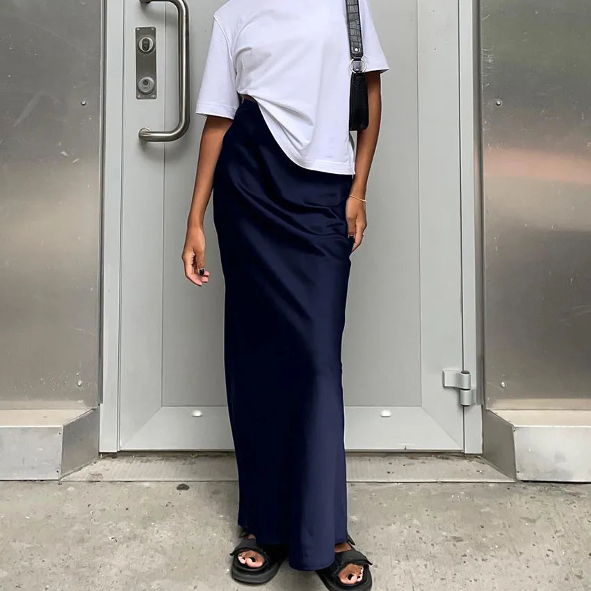 vmtvr Classic Solid Color Imitation Acetic Acid Fish Tail Skirt Spring and Summer Women's Elegant Casual Work High Waist Elastic Skirt
