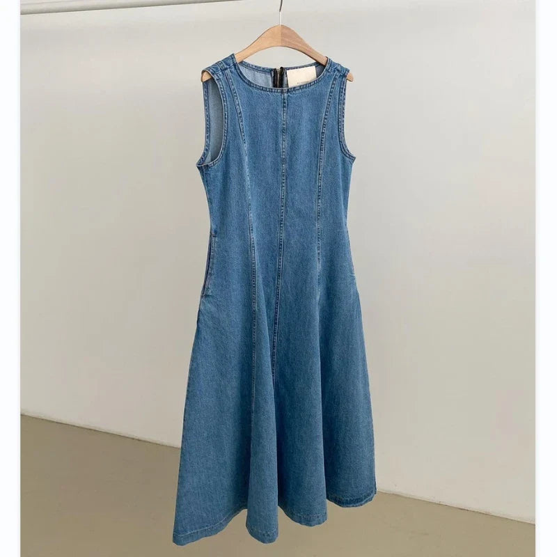 vmtvr Vintage Square Collar Denim Dress Casual Slim 2024 Summer Female Jeans Dress Zipper Sleeveless Women Jeans Dress Vestidos S916