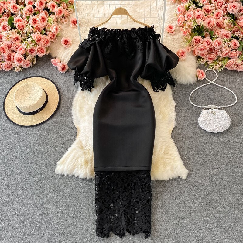 Off Shoulder Lace Evening Dresses Long Luxury Party Prom Lantern Short Sleeve White Bodycon Bandage Dress