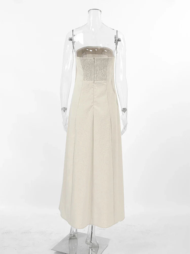 vmtvr 2024 Spring Summer Women Linen Dress Sexy Solid Strapless A-Line Midi Flare Holiday Vacation Dress For Women