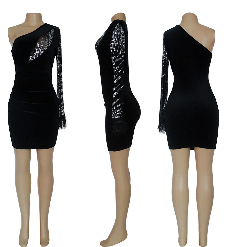 Sexy Feather Hot Rhinestone One Shoulder Party Club Mini Dress Women Velvet Long Sleeve Backless Elegant Outfit Evening Dresses