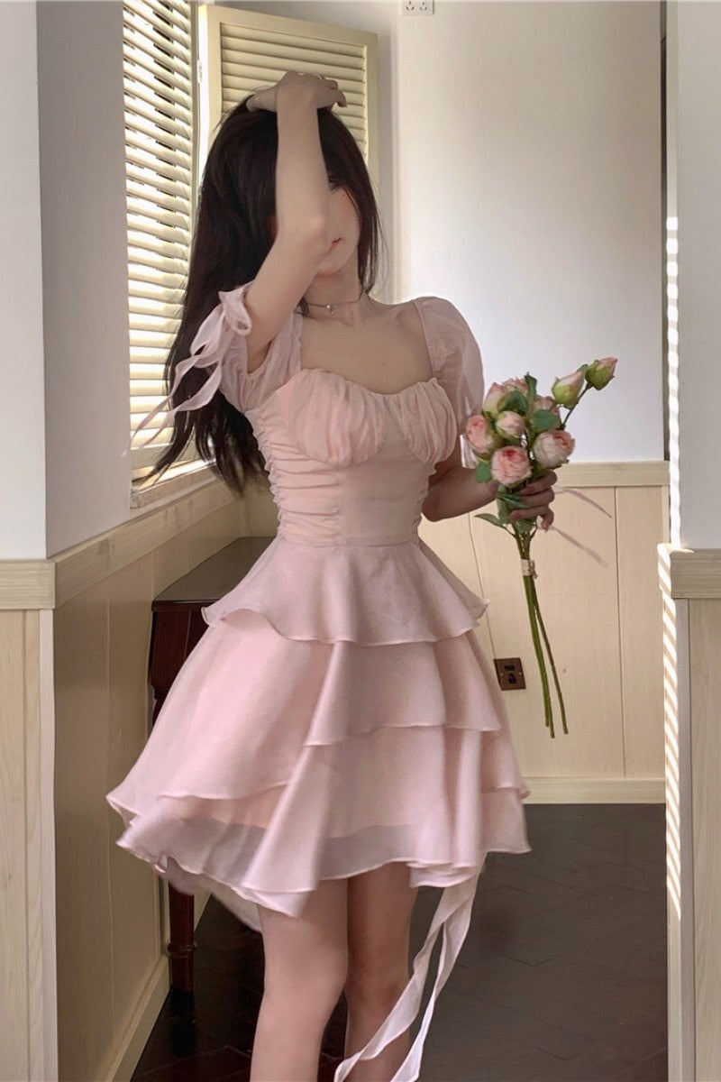 vmtvr Pink Kawaii France Style Short Dress Women Elegant Evening Party Midi Dresses Cute Sweet Puff Sleeve Clothing 2023