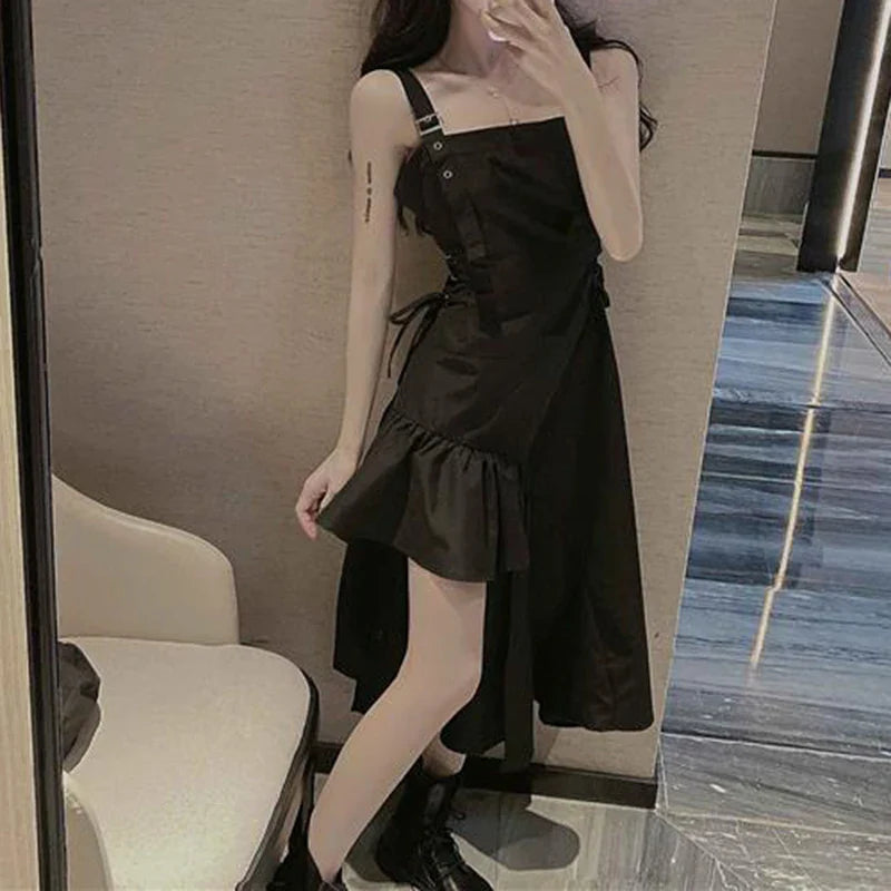 vmtvr Y2K Women Camis Dress Korean Lace-Up Waist Black Dress Summer Fashion Asymmetries Female Ball Gown Dresses New
