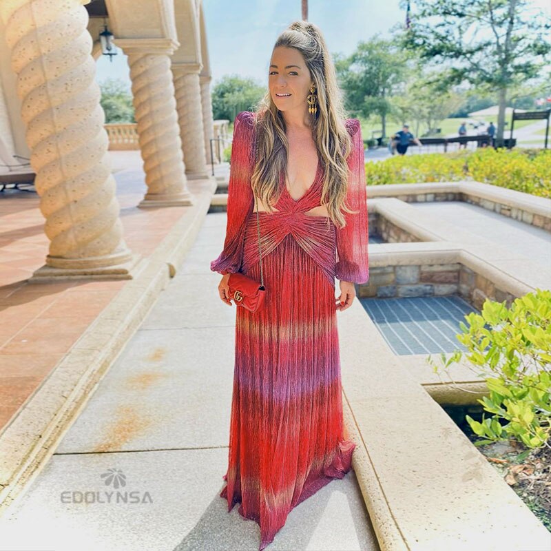 vmtvr Sexy V-Neck Backless Hollow Out Dress Summer Women Lantern Sleeve Club Party Long Maxi Dresses Tunic Beach Cover Up A916