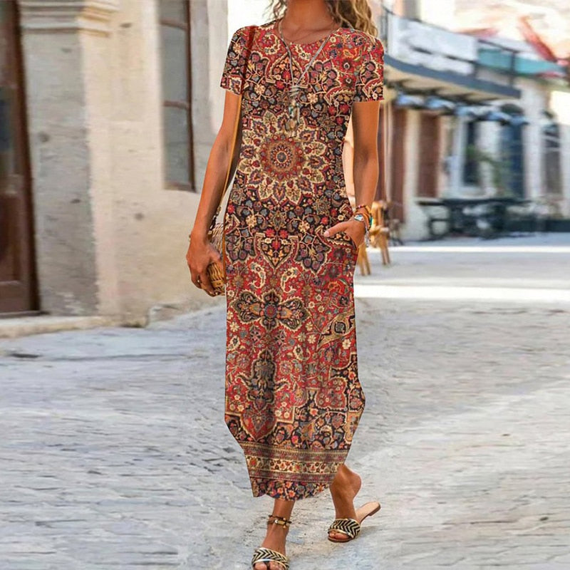 vmtvr - Elegant Women Maxi Dress Summer O Neck Short Sleeve Sundress Office Lady Party Dress Female Print A-Line Long Dress Vestido