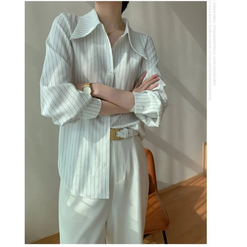 vmtvr White Stripe Long Sleeve Shirt Woman Office Ladies Basic Blouses Old Money Style Korean Fashion Summer Loose Aesthetic