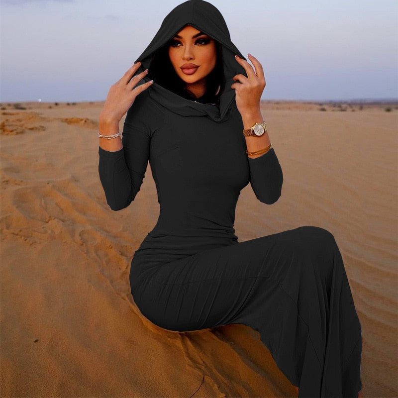 vmtvr - Hooded Long Sleeves Fitted Dress for Women Elegant Sexy Back Slit Bodycon Maxi Dresses Street Style